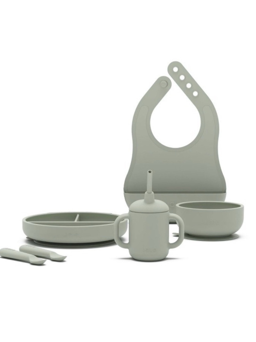Lalo Silicone 6 piece Baby Feeding Set with Bib - Sage Green
